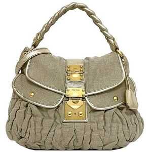 Miu Miu Bag Beige Gold Matelasse Shoulder Canvas Leather Gathered Flap